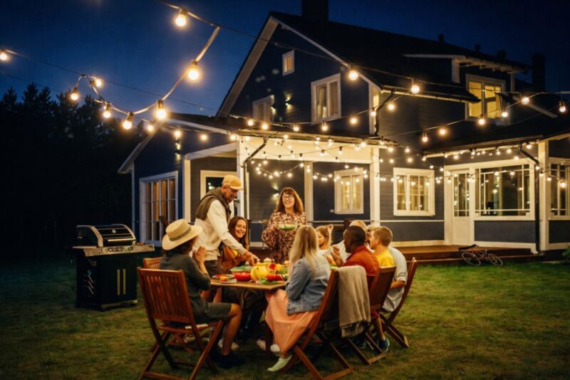 Porodica sedi za stolom u dvorištu ispod dekorativne rasvete i večera zajedno
