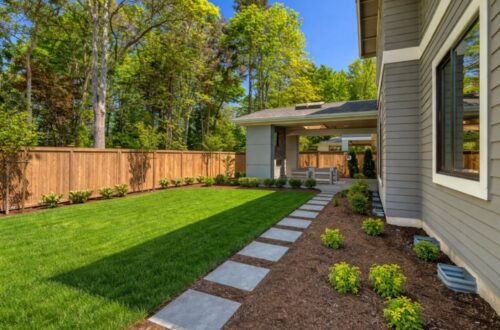 Uređeno dvorište sa travnjakom stazom i natkrivenim prostorom za sedenje