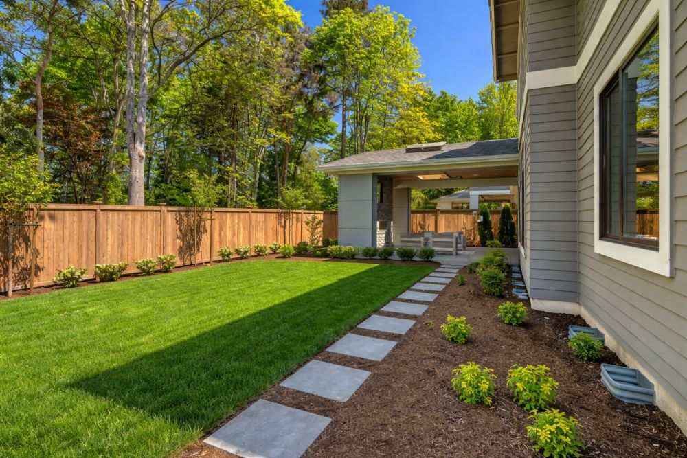 Uređeno dvorište sa travnjakom stazom i natkrivenim prostorom za sedenje