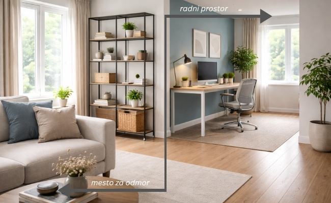 Dnevna soba sa jasno definisanim zonama za rad i odmor, radni sto uz plavi zid odvojen policom od prostora sa kaučem