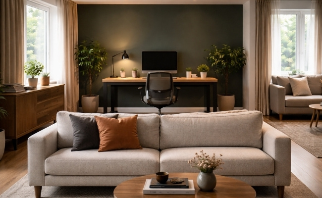 Otvorena dnevna soba sa radnim stolom postavljenim iza kauča, formiran funkcionalan radni kutak sa tamnim drvenim stolom, crnom ergonomskom stolicom i zelenim akcent zidom