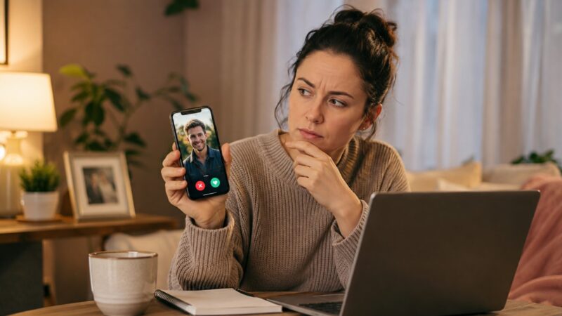 Žena proverava profil muškarca sa aplikacije za upoznavanje dok koristi telefon i laptop.