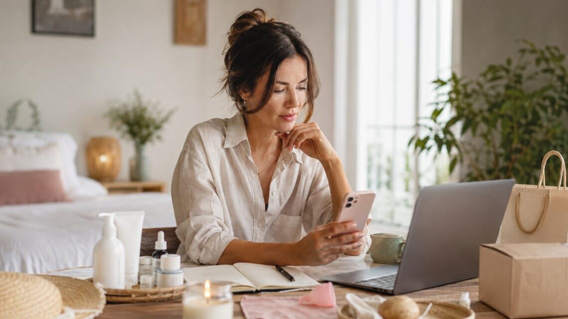 Žena koristi telefon i laptop dok pretražuje pitanja o zdravlju, nezi, poslu, odnosima i online kupovini.