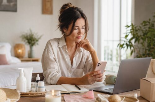Žena koristi telefon i laptop dok pretražuje pitanja o zdravlju, nezi, poslu, odnosima i online kupovini.