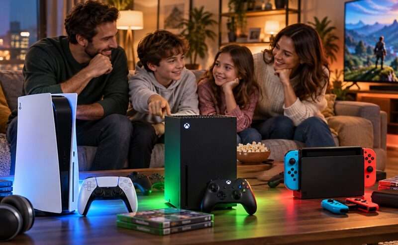 Alt: Porodica sedi u dnevnoj sobi iza stola na kojem su PlayStation 5, Xbox i Nintendo Switch sa kontrolerima i igrama