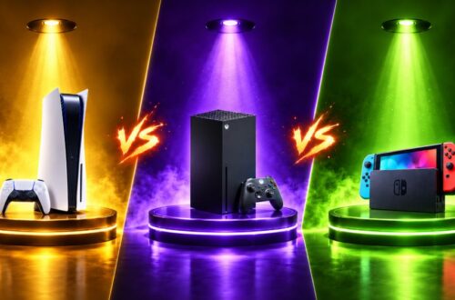 PlayStation 5, Xbox Series X i Nintendo Switch prikazani su na odvojenim osvetljenim postoljima u zlatnoj, ljubičastoj i zelenoj boji, sa velikim „VS” između konzola