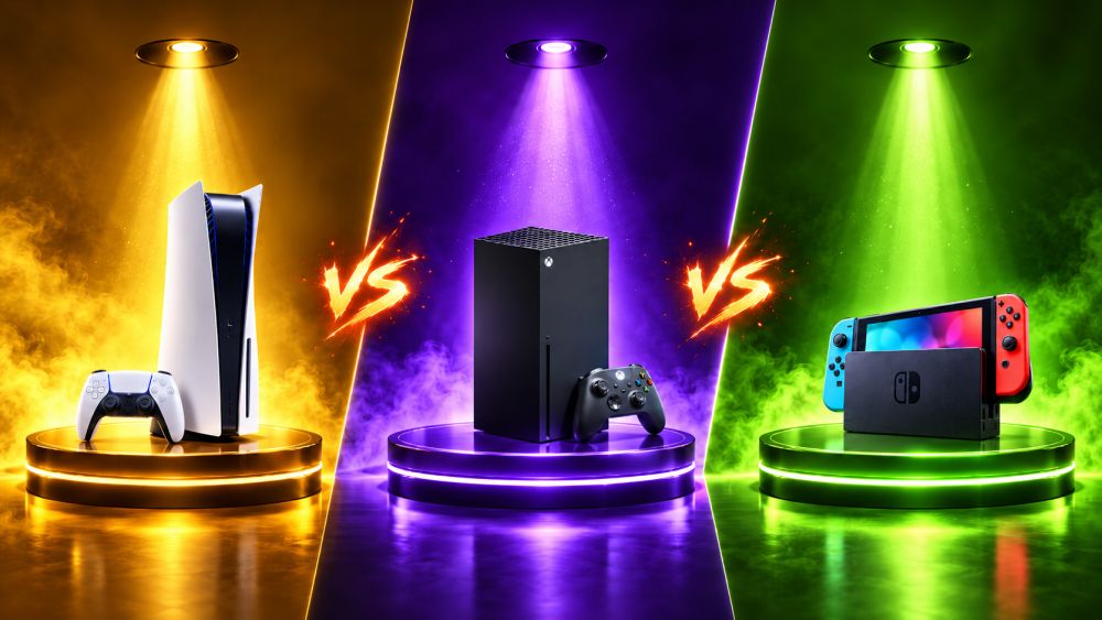 PlayStation 5, Xbox Series X i Nintendo Switch prikazani su na odvojenim osvetljenim postoljima u zlatnoj, ljubičastoj i zelenoj boji, sa velikim „VS” između konzola