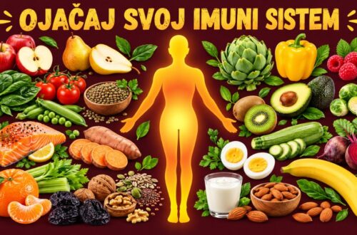 Ilustracija jačanja imunog sistema uz raznovrsnu zdravu ishranu, uključujući voće, povrće, ribu, jaja, orašaste plodove i semenke.