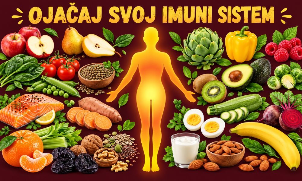 Ilustracija jačanja imunog sistema uz raznovrsnu zdravu ishranu, uključujući voće, povrće, ribu, jaja, orašaste plodove i semenke.